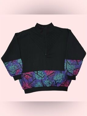 Vintage 80s 90s 1/2 Zip Mock Neck Sweater Abstract Colorblock Black Medium